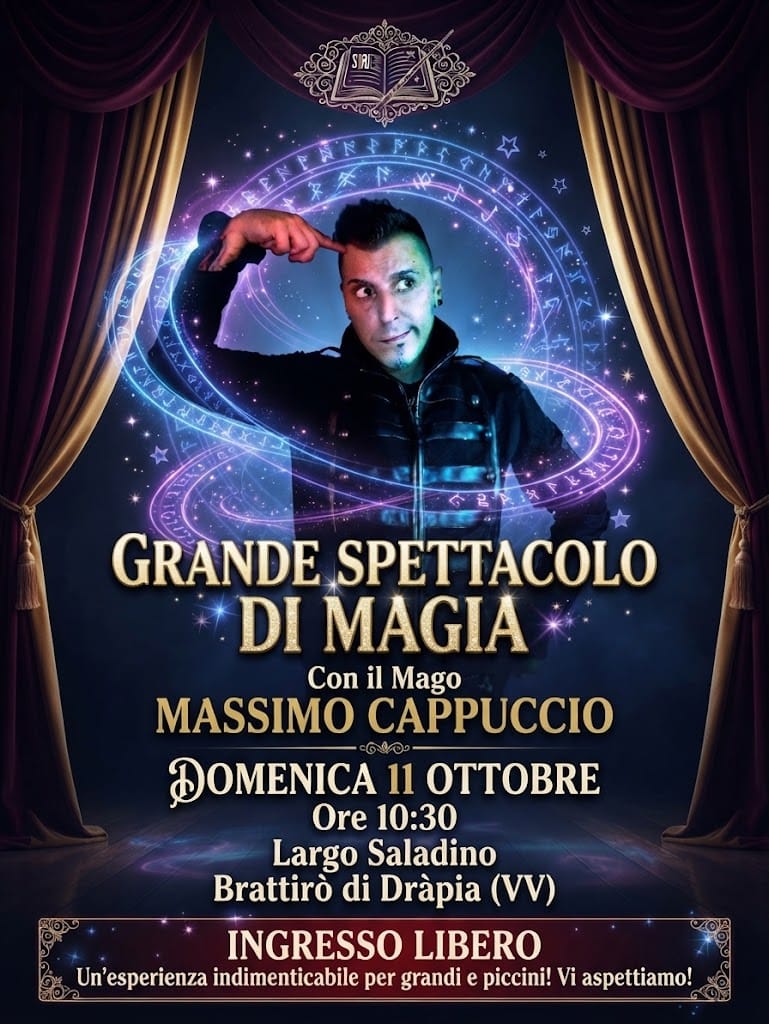 Locandina Grande spettacolo di magia con Massimo Cappuccio dell’11 ottobre 2026.