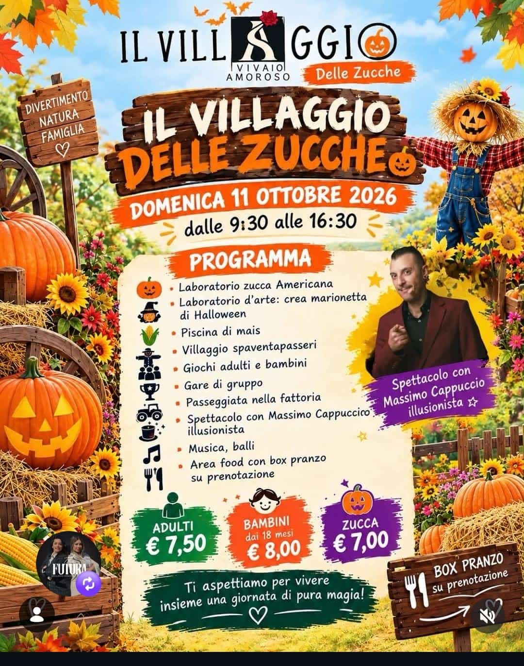 Locandina Il Villaggio delle Zucche dell’11 ottobre 2026 con spettacolo di Massimo Cappuccio.